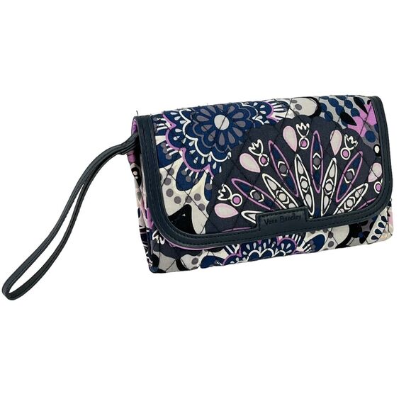 Vera Bradley Navy Purple Womens Quilted Floral Wallet Wristlet Coin Purse Bag - Picture 1 of 16